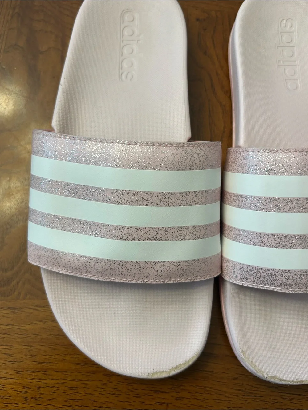Girls adidas Pink Glitter Slide Sandals with White Stripes